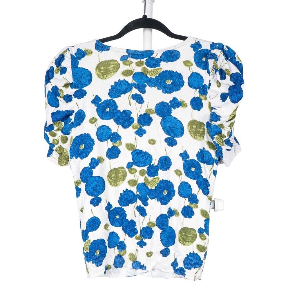 Twenty One Floral Cardigan Sweater M Women Short Sleeves Puffy Blue White Button - Picture 6 of 6
